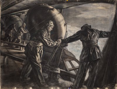 アイスランド沖での冬の地雷敷設のための習作、1942年頃（紙に木炭とカラーチョーク） 作： David Muirhead Bone