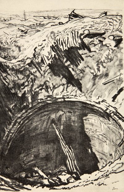 カントリー・ライフ社刊『西部戦線』の挿絵、ムーケ農場の竪穴。 作： David Muirhead Bone