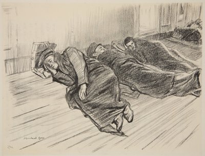 甲板で眠る負傷兵（「西部戦線」（カントリー・ライフ社刊）の挿絵）。 作： David Muirhead Bone