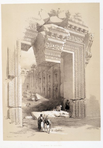 レバノンのバールベック門、1839年5月7日に描かれた「The Holy Land」、ロンドン1849年版に掲載。 作： David Roberts