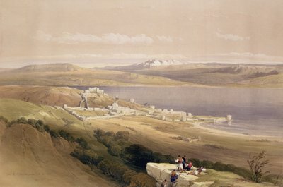1839年4月22日、ガリラヤ湖のティベリアの街、ルイ・ハゲ（1806-85）pubによって彫刻された「聖地」のボリュームIのプレート38。 1842 作： David Roberts