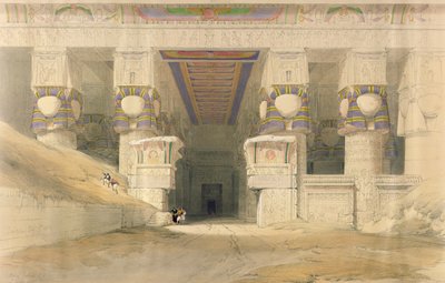 ロンドン、1838年に公開されたルイ・ハゲ（1806-85）によって彫刻された「エジプトとヌビア」からのデンダラのハトホル神殿のファサード 作： David Roberts
