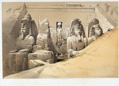 ヌビア（Nubia）のアボ・シンベル（Aboosimbel, AbuまたはAbu Simbel）の大神殿の正面図（『The Holy Land』ロンドン1849年所収 作： David Roberts