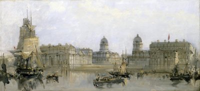 テムズ川から見たグリニッジ病院（イギリス）。キャンバスに油彩、1860年頃、デイヴィッド・ロバーツ（1796-1864）作。 作： David Roberts