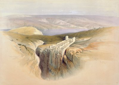 1839年4月4日、モアブの方を向いている死海、「聖地」のボリュームIIのプレート50。 1843 作： David Roberts