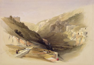 「聖地」のボリュームIIからのシロアムのプール; 1842年にロンドンで発行されたLouis Haghe（1806-85）による彫刻（カラーリソ） 作： David Roberts