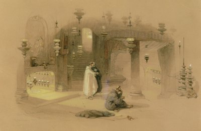 神聖なキリスト降誕の神殿、ベツレヘム、1839年（鉛筆でトイレ、ガッシュとアラビア語のガムでバフペーパーで盛り上げ） 作： David Roberts