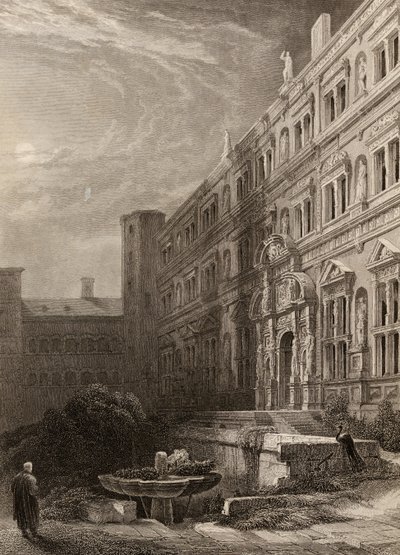 H.ウィンクルスによって彫刻されたハイデルベルクの大法廷、「ラインの巡礼者」からのイラスト1840年発行 作： David Roberts