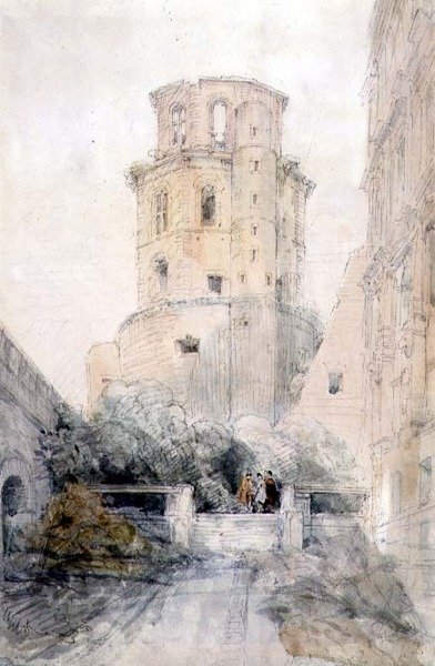 ハイデルベルクの塔、1830年頃（紙に鉛筆と水彩画 作： David Roberts