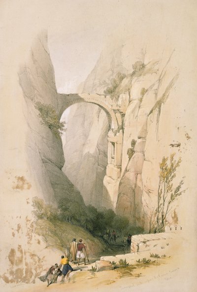 ペトラに至る渓谷を横切る凱旋門、ルイハゲ（1806-85）のパブによって刻まれた「聖地」のボリュームIIIのプレート95。 1849 作： David Roberts