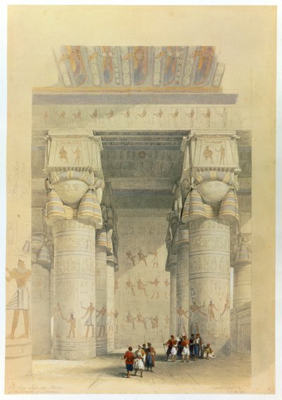 デンデラ、エジプト、19 世紀の神殿の柱廊の下からの眺め 作： David Roberts