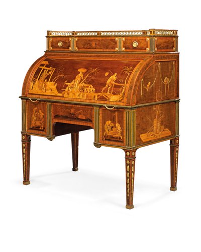 機械式シリンダー局、ノイヴィート、c.1776-79（オルモルに取り付けられ、真ちゅうをはめ込んだアンボイナ、チューリップウッド、ステンドグラスのシカモア、寄木細工） 作： David Roentgen
