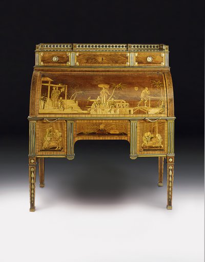 機械式シリンダー局、フランソワ・レドモンドに帰属するマウント、c.1777-80（オルモルに取り付けられた、真ちゅうをはめ込んだアンボイナ、チューリップウッド、ステンドグラスのシカモアと寄木細工）（486603も参照） 作： David Roentgen