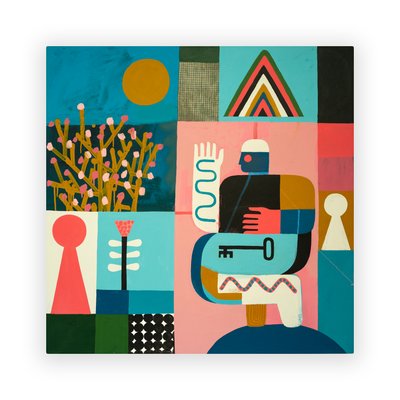 モレキュラー・マウンテンを登る、2023年（キャンバスにペイントとコラージュ） 作： David Shillinglaw