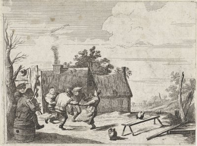 2 人の音楽家の音楽に合わせて農家を踊る 作： David Teniers (II)