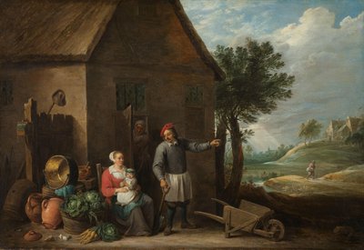 座っている女性と子供と一緒にコテージのドアで夫 作： David Teniers (II)