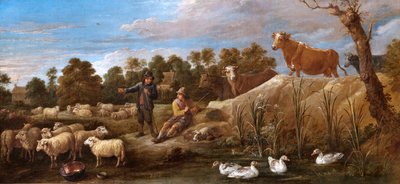 「2 頭の羊飼い、牛と鴨のいる風景」、17 世紀 作： David Teniers II