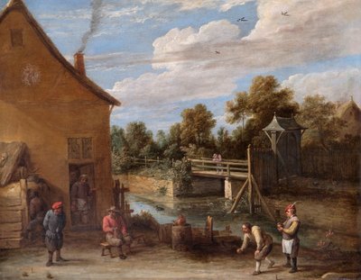 「川沿いの旅館の前でボウルをする農民」、17世紀 作： David Teniers II