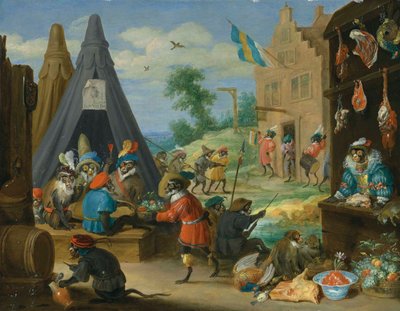 モンキーの祭り（町の近くの野営地で兵士に扮したサルたち） 作： David Teniers the Younger