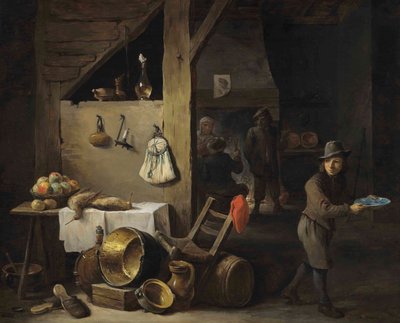 若い少年と3人の人物が酒を飲みタバコを吸うキッチンのインテリア 作： David Teniers the Younger