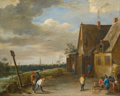 アントワープを眺めながらのナインピンゲーム 作： David Teniers the Younger