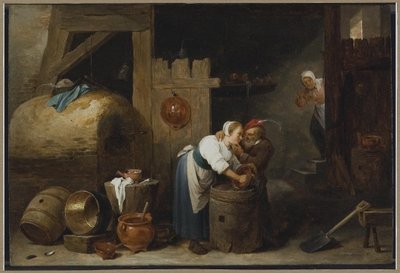 若い女性が鍋をこすり、老人が彼女を悩ませているインテリア。 作： David Teniers the Younger