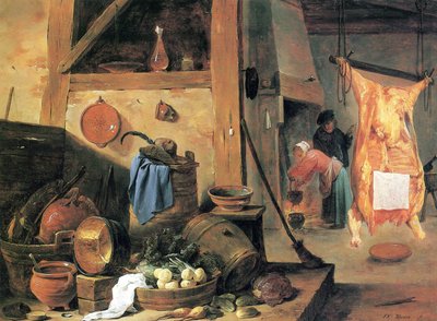 静物画と屠殺された牛のいるキッチンのインテリア 作： David Teniers the Younger
