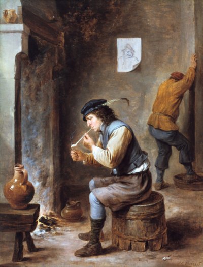 火の前の喫煙者、17世紀 作： David Teniers the Younger