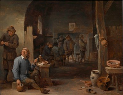 テーブルのそばで喫煙し、火の前で会話する農民と宿屋の内部 作： David Teniers the Younger