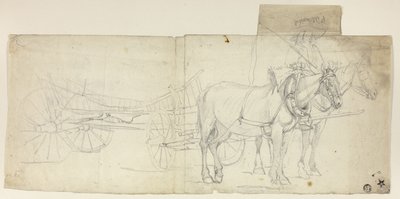 馬車を引く、運転手付きの2頭立ての馬（レクト）；かがむ女性のスケッチ（裏面） 作： David Teniers the Younger