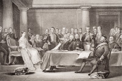 ビクトリア女王の最初の評議会、ケンジントン宮殿、1837年6月21日、「英語とスコットランドの歴史のイラスト」第II巻 作： David Wilkie
