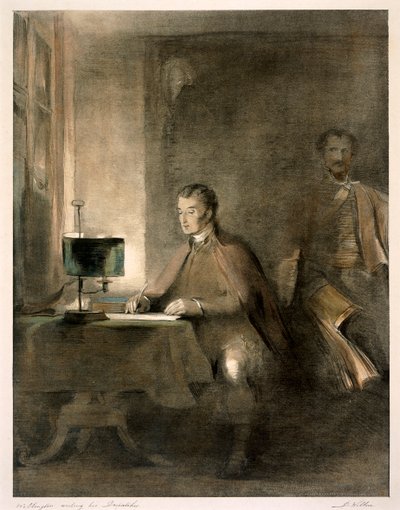 「ウェリントンが彼の派遣を書いている」、c1836 作： David Wilkie