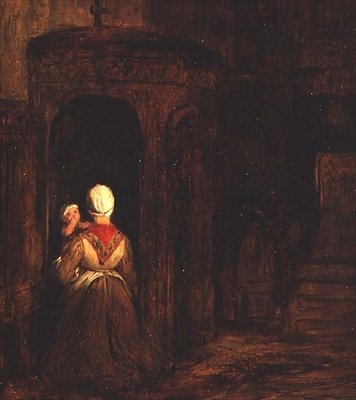 懺悔室でひざまずく赤ちゃん連れの女性 作： David Wilkie
