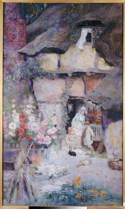 わらぶき屋根のコテージのドアでウサギと餌をやる母と子 作： David Woodlock