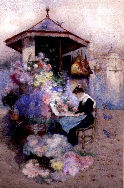 ヴェネツィア、リーヴァ島の花売り（水彩・紙） 作： David Woodlock