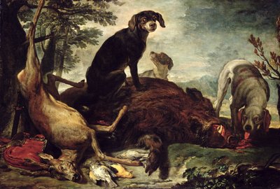 殺されたイノシシと鹿の犬、 作： David de Coninck
