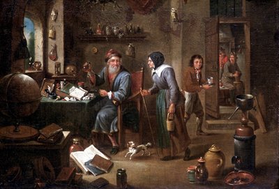 錬金術師のオフィス (キャンバスに油彩) 作： David the Elder Teniers