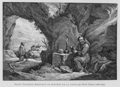 十字架の謎に思いを馳せる聖フランシスコ（リトグラフ 作： David the Younger (after) Teniers