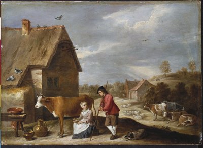 コテージの外のミルクメイドと羊飼い、1640年代後半 作： David Teniers the Younger