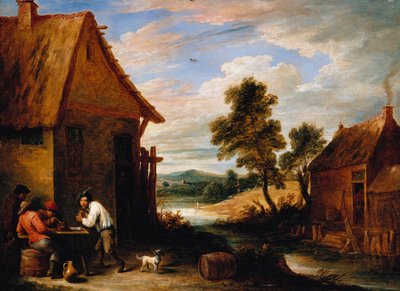 居酒屋の外の農民のいる川の風景 作： David Teniers the Younger
