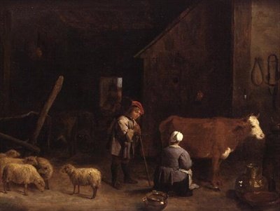 牛小屋でミルクメイドと話すシェパード・ボーイ 作： David Teniers the Younger