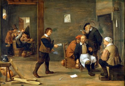 煙突の前で暖を取る男たちの姿。ダヴィッド・テニアス・ディット・ル・ジューン（1610-1690）の絵 ミラノ、カステッロ美術館 作： David Teniers the Younger