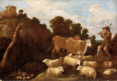 向こうの丘の上に古典的な遺跡とパイプをしている牧夫のいる川の風景 作： David Teniers the Younger