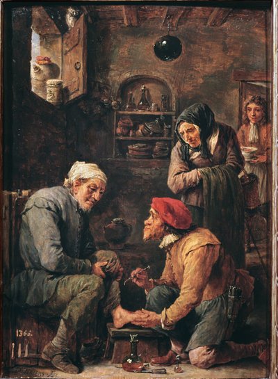 手術風景、患者の足を開こうとしている医師（油彩・キャンバス 作： David Teniers the Younger