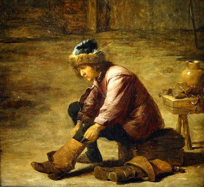 ブーツを引っ張る若い男 作： David Teniers the Younger