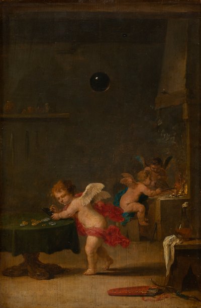 錬金術師の工房のアモレッティ、1635-37年頃、油彩、オーク材 作： David the Younger Teniers