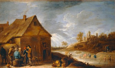 網漁師がいる川の近くのキャバレー． 作： David the Younger Teniers