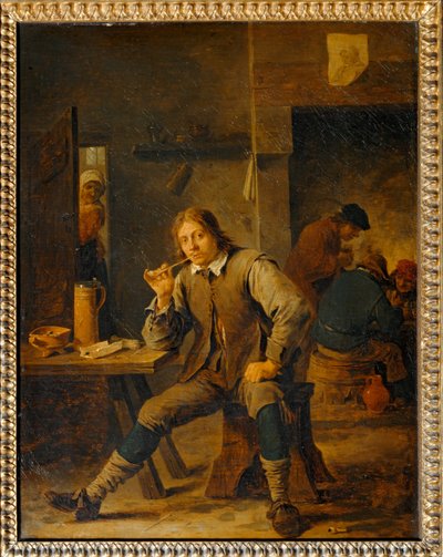テーブルにもたれかかる喫煙者． 作： David the Younger Teniers
