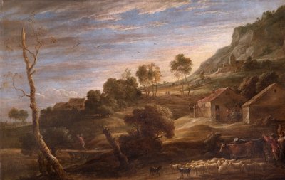 Landscape with peasants driving cattle, c.1670-90 (oil on canvas)   1457847   ja       japanese Successfully Translated  Original: Album of Landscape and Figure Drawings: Houses on a Rocky shoreline Translat: Album of Landscape and Figure Drawings: Houses  作： David Teniers the Younger
