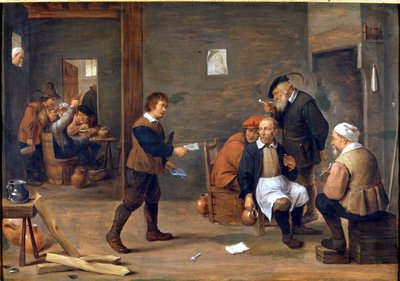 ダヴィッド・テニアス（1610～1690年）のビストロの暖炉の前で暖をとる男性たち。ミラノ 作： David Teniers the Younger